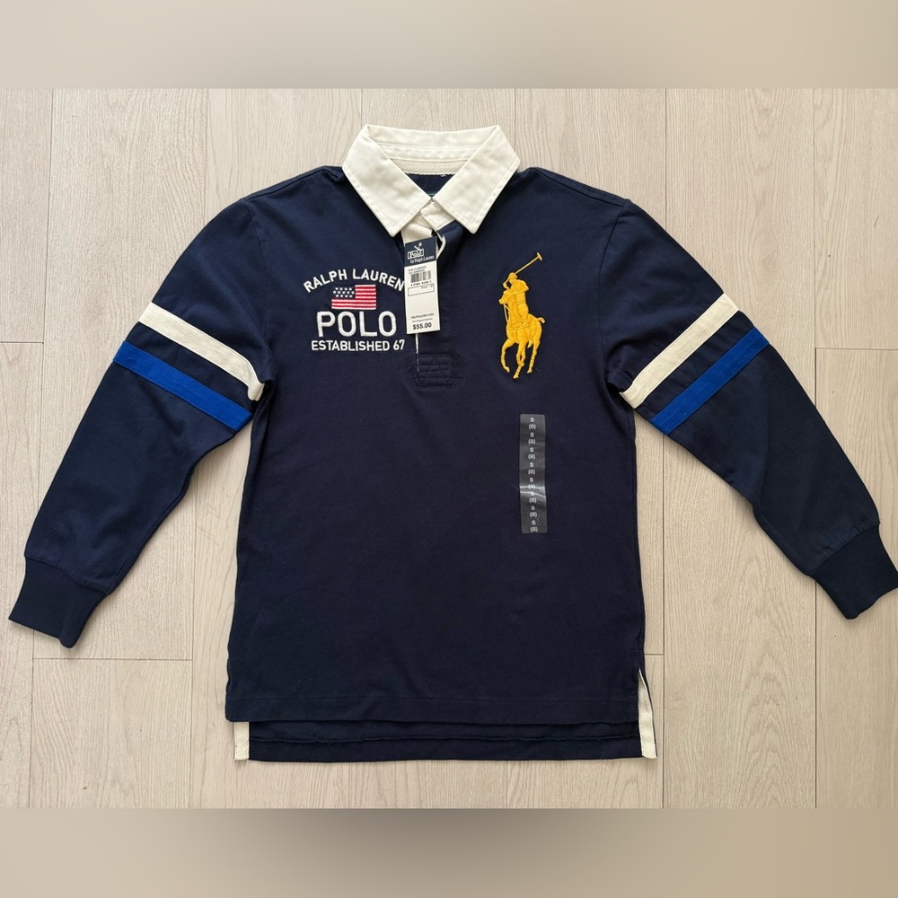 NEW! Polo Ralph Lauren Navy Rugby Shirt with Yellow Big Pony. Long Sleeves TAGS!